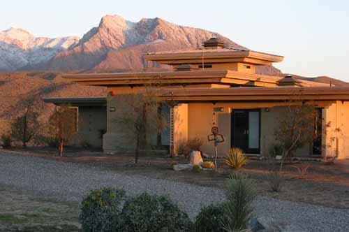 Front view of a net-plus home located in Borrego Springs, California,  that was featured in Newsweek magazine